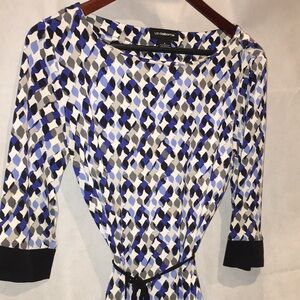 Liz Claiborne Blue And Gray Pattern 3/4 Sleeve Belted Dress | Size S